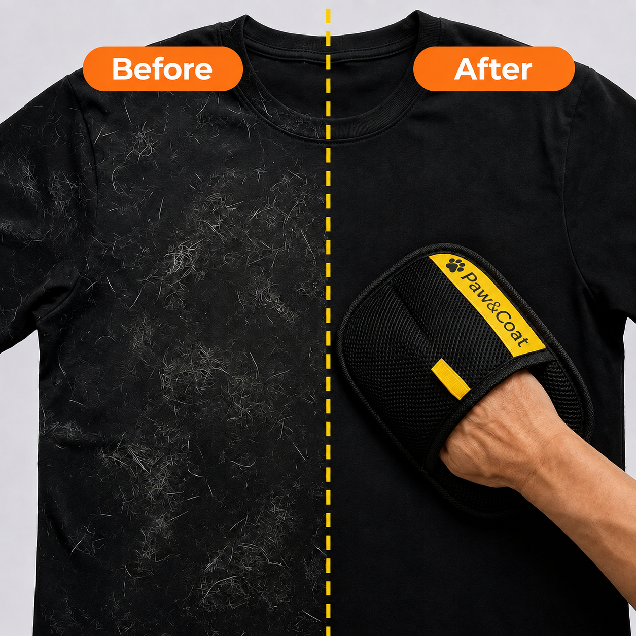 Before and after: pet hair removed from a black t-shirt in one swipe