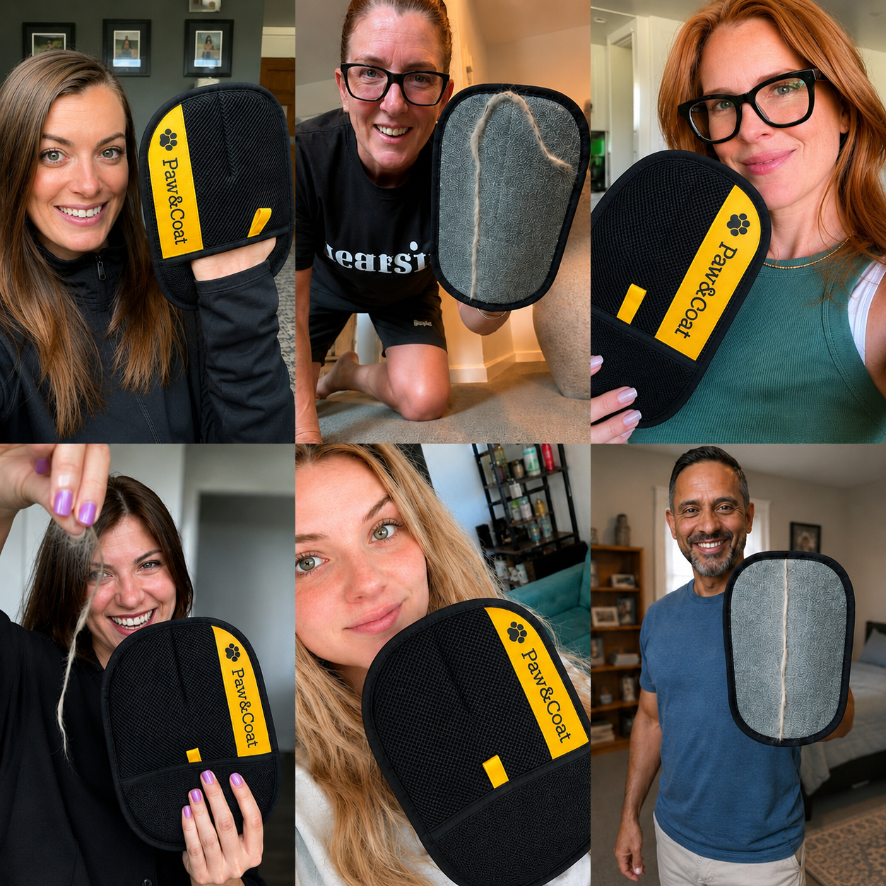 Happy Paw & Coat customers holding their gloves
