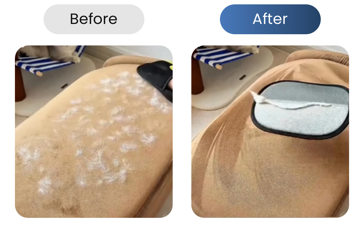 Before and after: sofa covered in pet hair, then clean after one swipe
