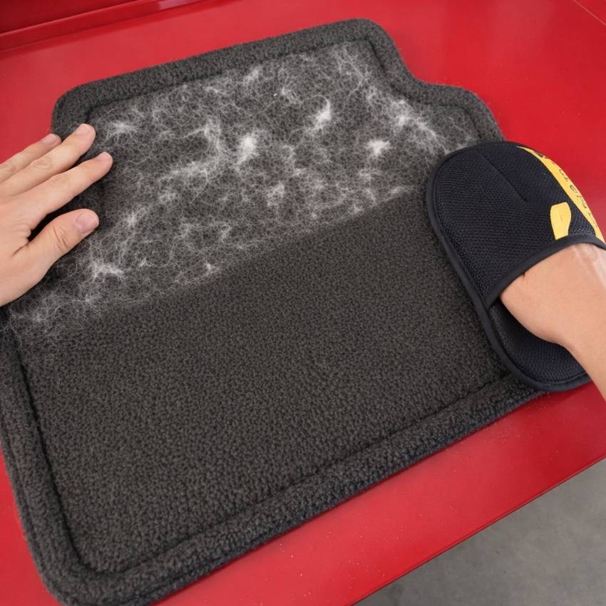 Scraping embedded dog hair from a black car floor mat