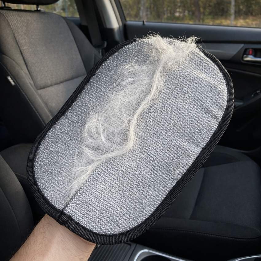 Removing a clump of white dog hair from a black car seat